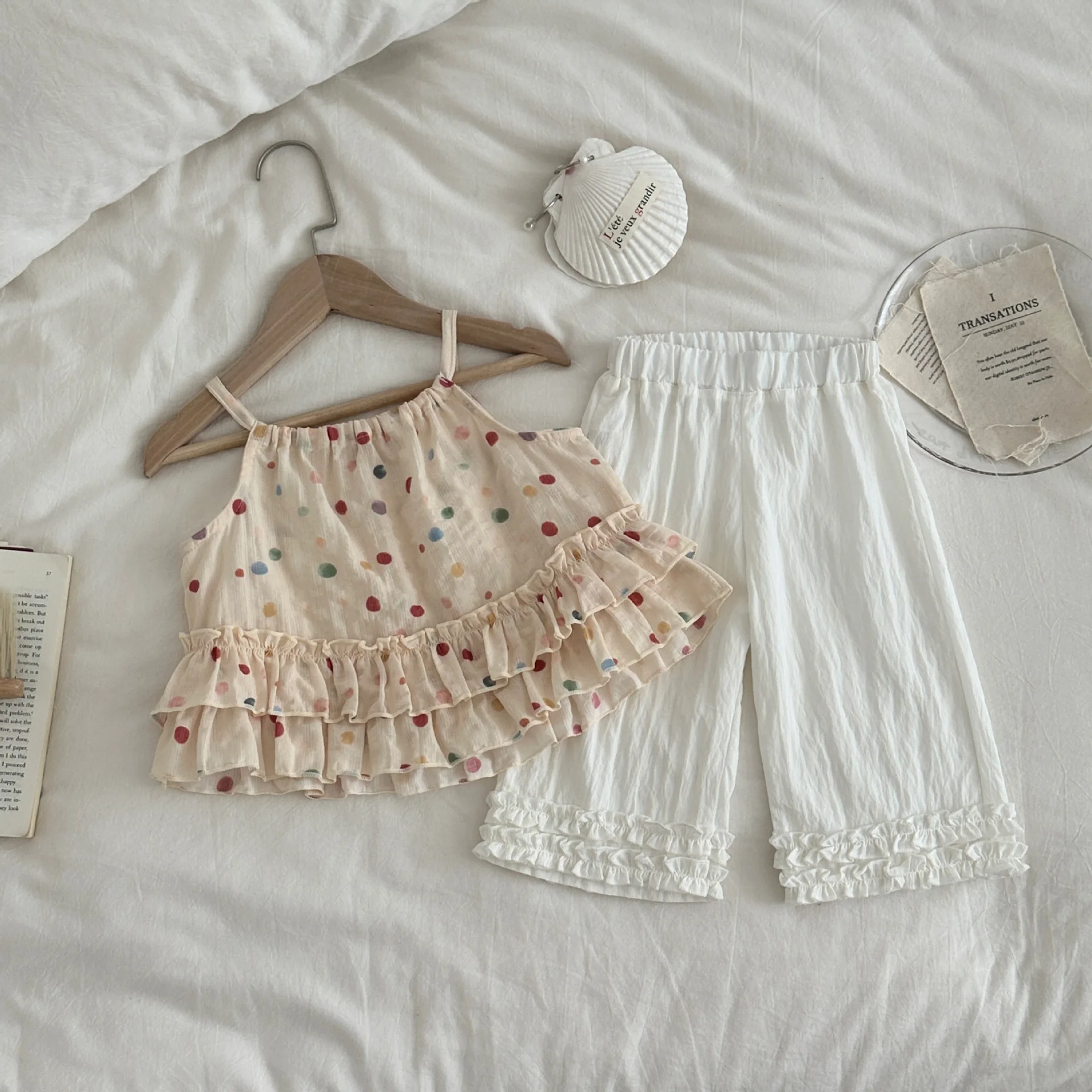 2026 Summer Baby Girls Clothing Sets Colorful Polka Dot Camisole Tops And Wide Leg Pants Suits Toddler Outfits 2PCS