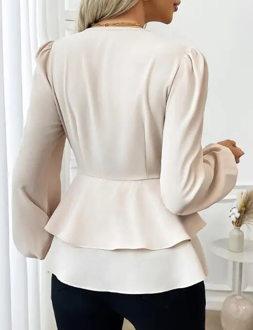 2025 خريف/شتاء جديد المرأة موضة عادية الخامس الرقبة كشكش بلون كم طويل فانوس كم قميص ملابس نسائية #3