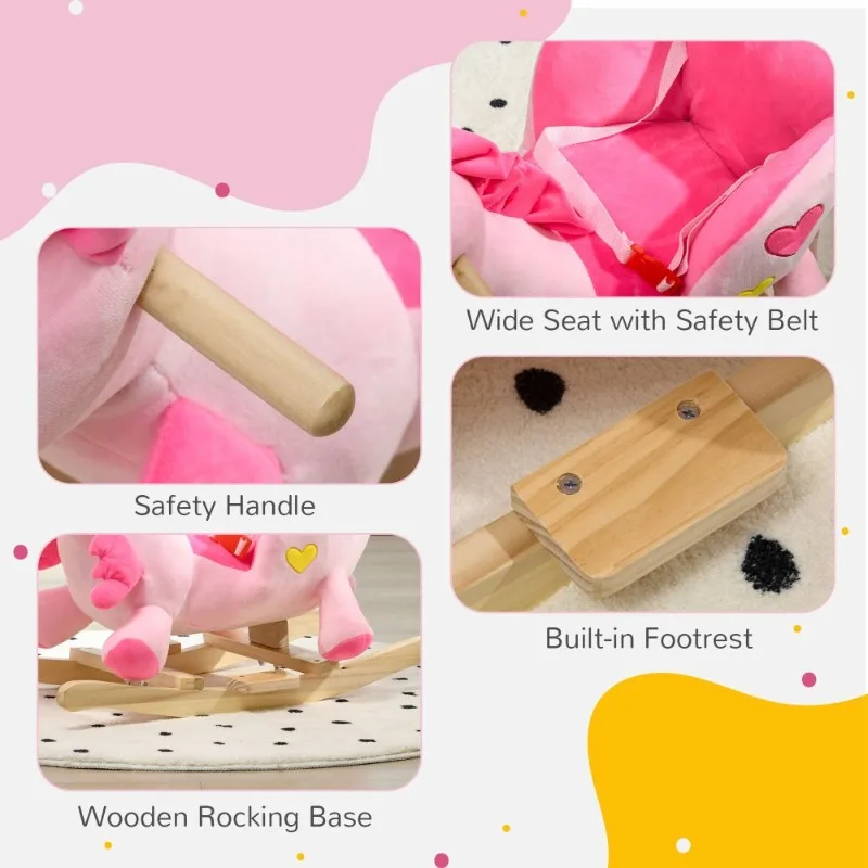 Pink Unicorn Plush Rocking Horse for Kids Soft Stuffed Ride On Toy with Wooden Base Children Toddler Animal Rocker Chair