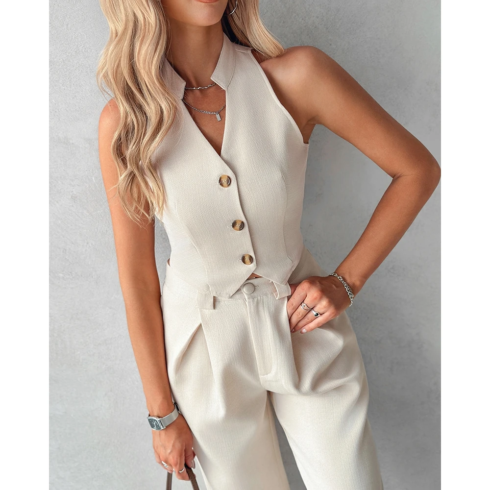 Women Buttoned Vest V-Neck Top & Straight Leg Pants Set Causal Streetwear 2024 Solid Color Two Pieces Suit Set y2k Clothes