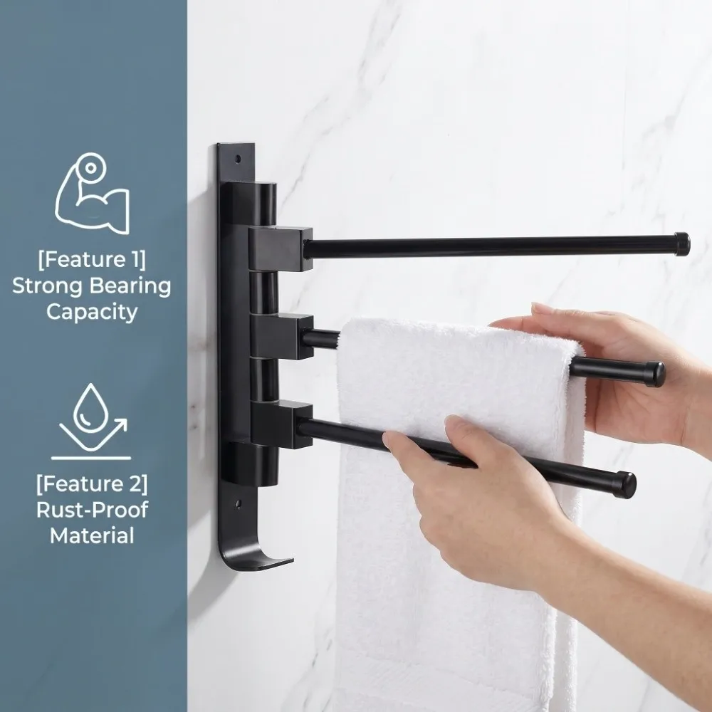 Space Aluminum Towel Bar Wall Mounted Black Towel Rack Space-Saving Design With Hook Multiple Rod Towel Rack Bathroom Use