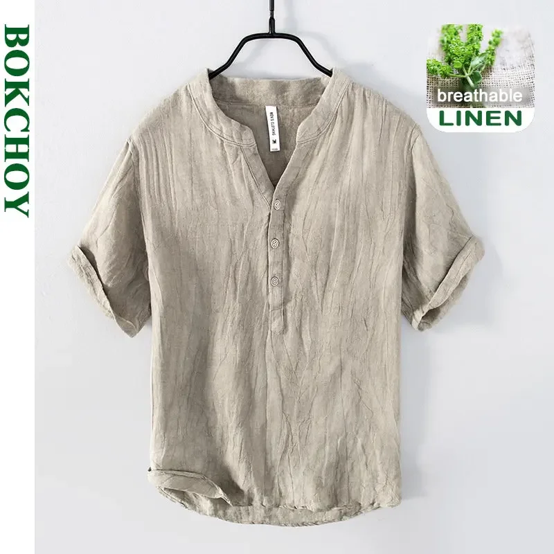 Summer New Vintage Pure Linen Short Sleeve T Shirt for Men Thin Solid Color Slim Men Clothing Big Size BL888