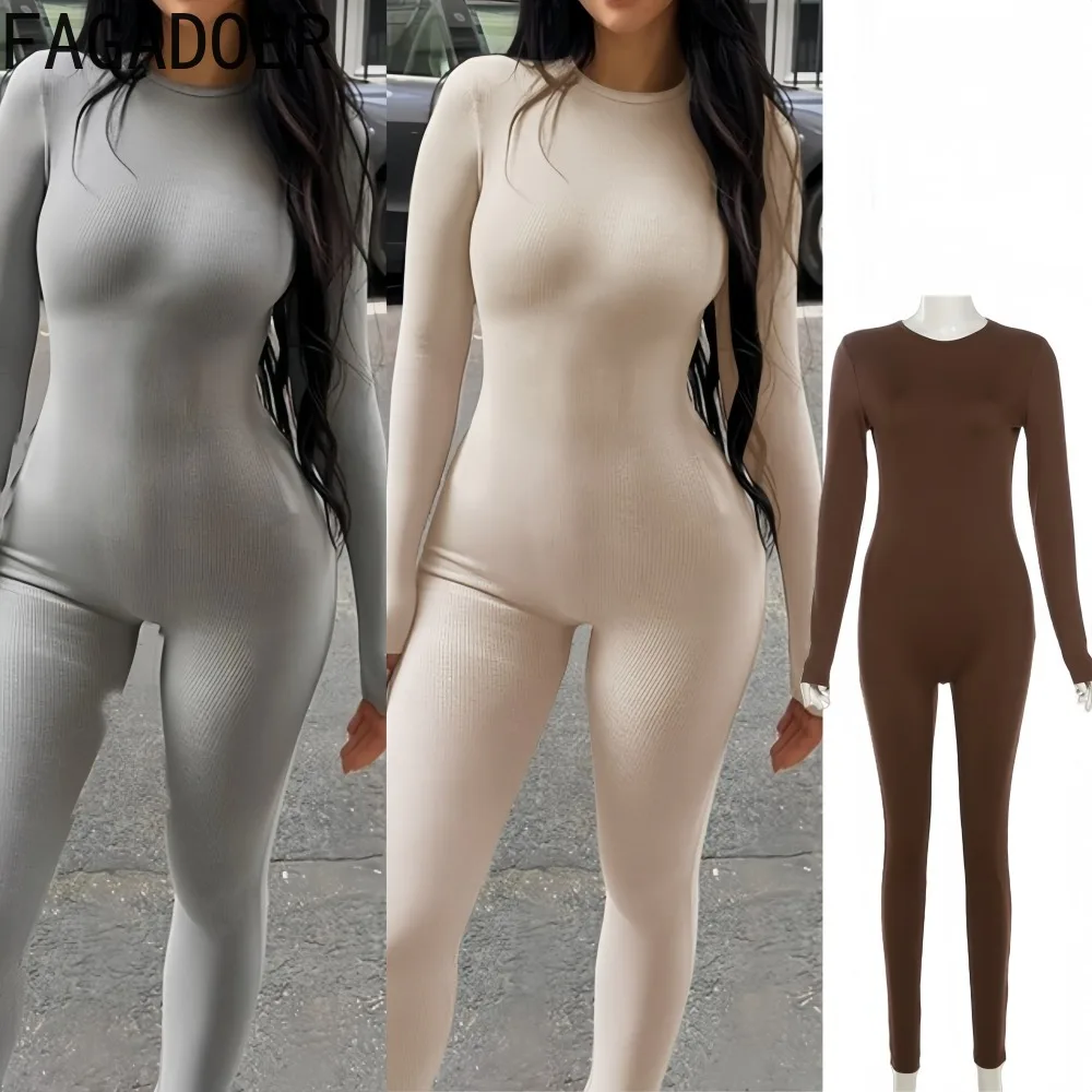 

FAGADOER Casual Sporty Bodycon Jumpsuits Women Solid Color O-Neck Long Sleeve Stretch Skinny Rompers Female Streetwear Overalls
