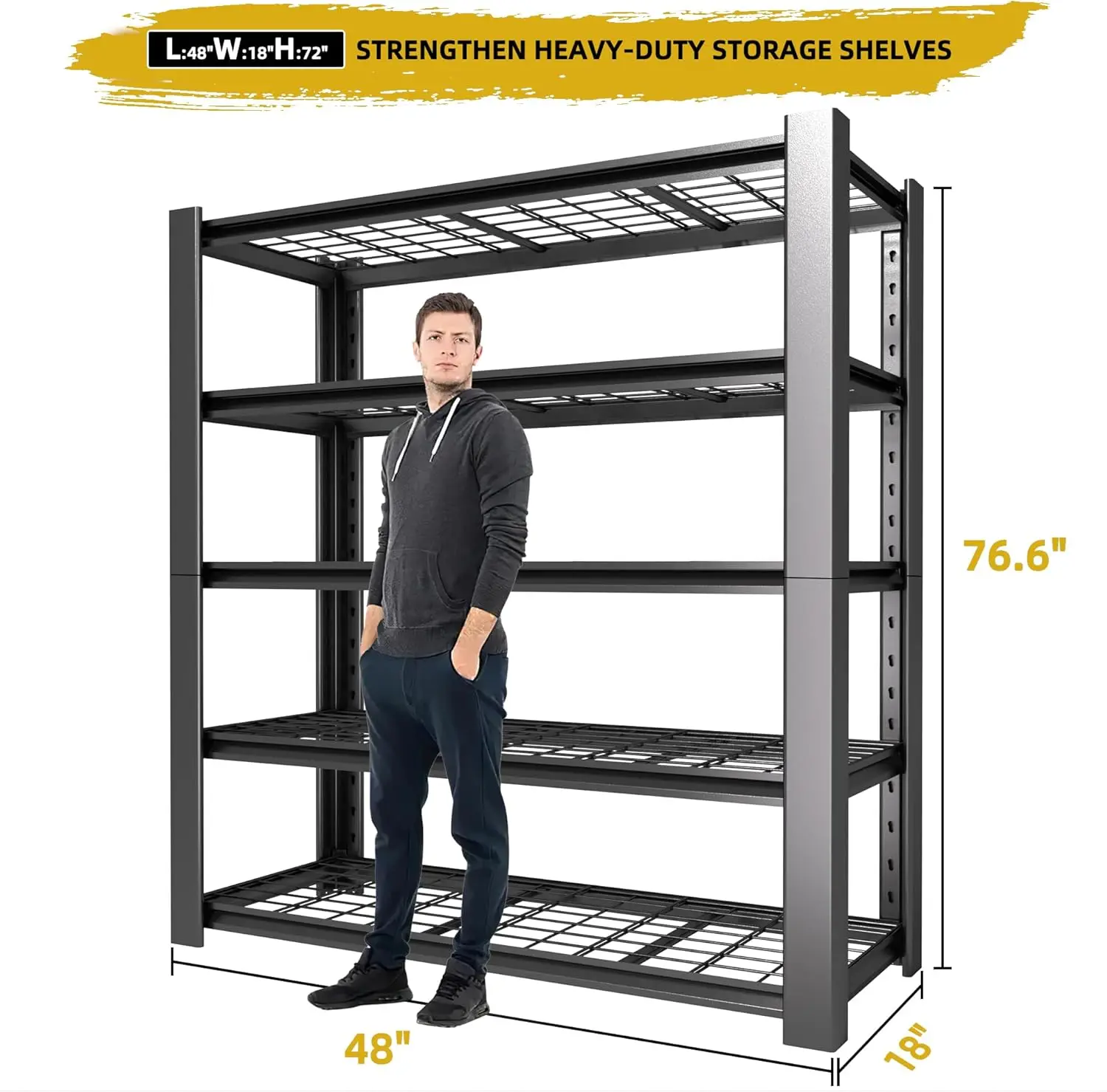 Estantería de garaje resistente con estantes de rejilla de alambre, 76,6" de alto x 60" de ancho x 24" de profundidad, estantería de metal ajustable de 5 niveles, industrial