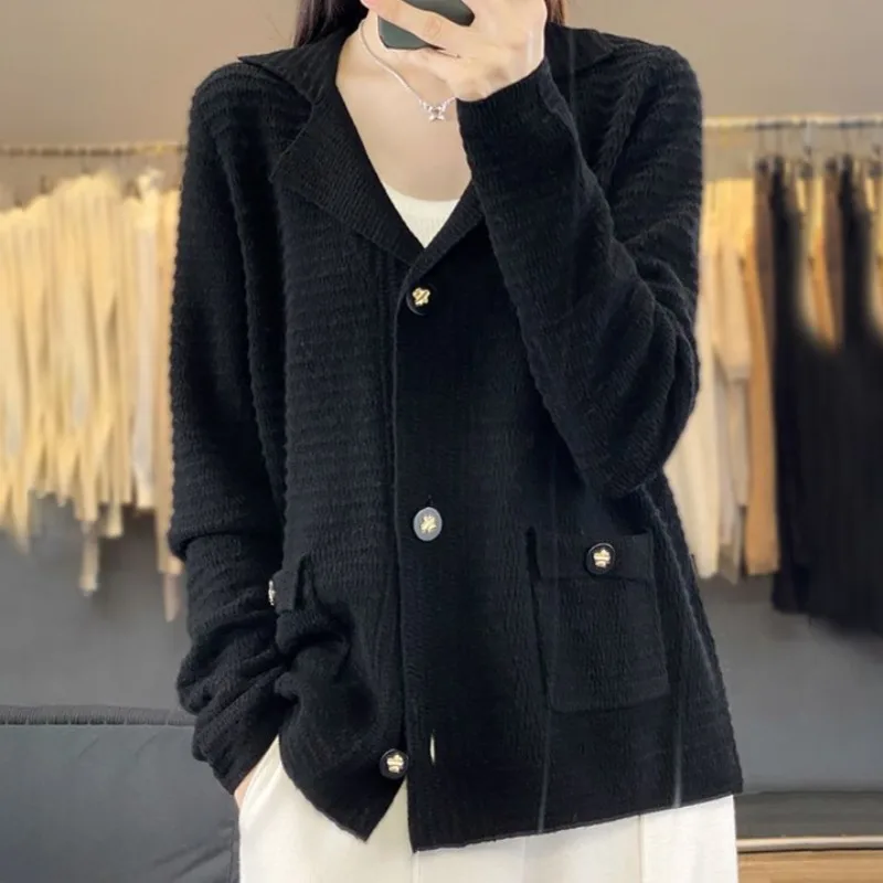 Elegant Cardigans for Women All-match Simple Autumn Winter Notched Niche Soft Female Casual Clothing Knitted Gentle Pockets New