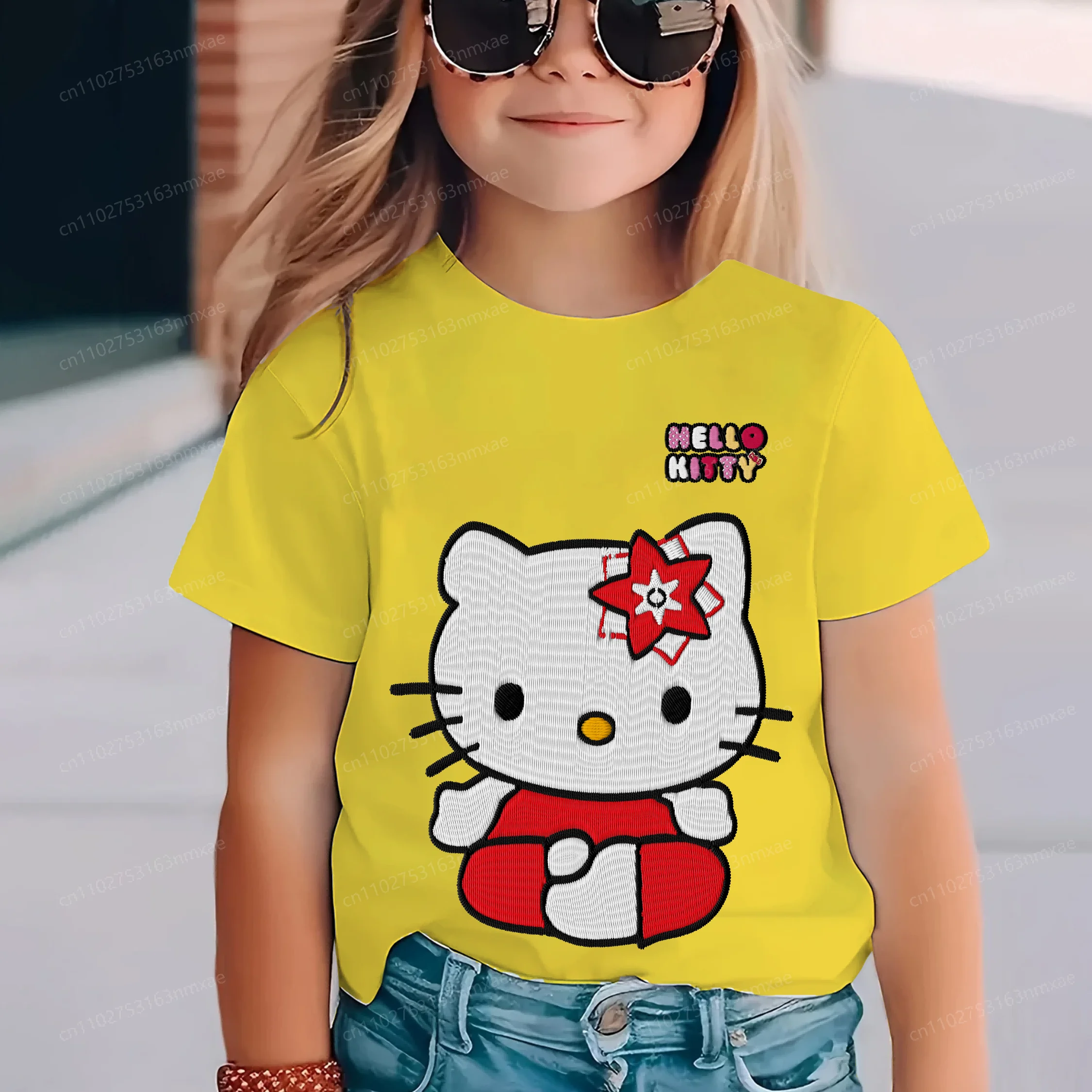 

Футболка для девочек с вышивкой Hello Kitty 2024, детская одежда, семь цветов, детский летний топ из чистого хлопка с 3D принтом для девочек