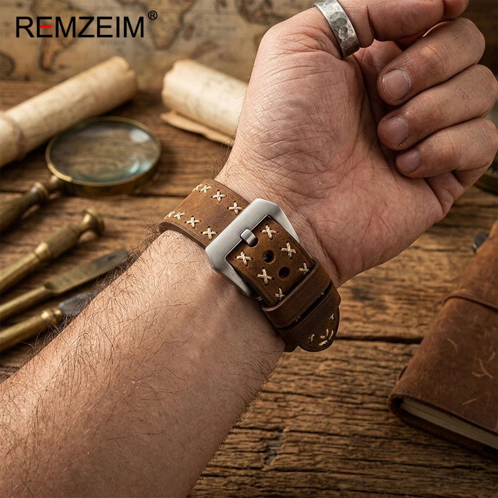 Business Herren Extra Dickes Crazy Horse Leder Uhrenarmband 20mm 22mm 24mm Schnellverschluss Dornschließe Ersatz-Uhrenarmband
