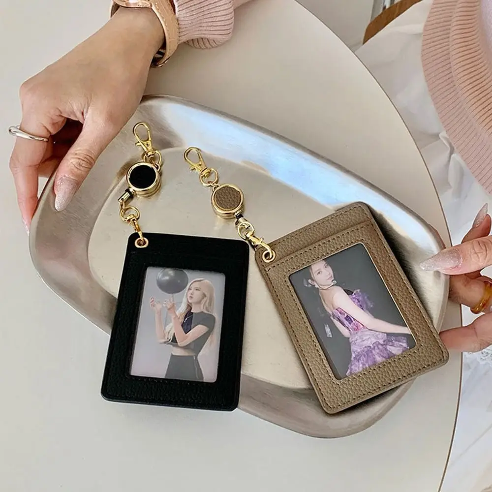 Portable PU Card Holder Transparent Window Retractable Work Badge Holder ID Card Protector Daily Life