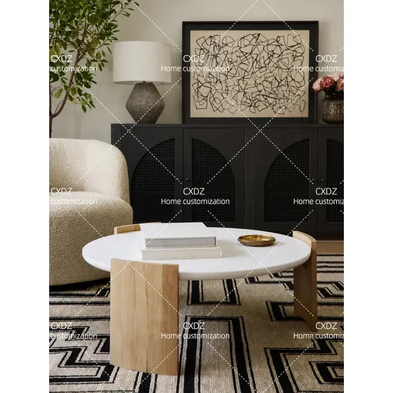 Wabi Sand Wind Solid Wood Round Coffee Table Marble Top Small Tea Table for Living Room Light Luxury Style for Small