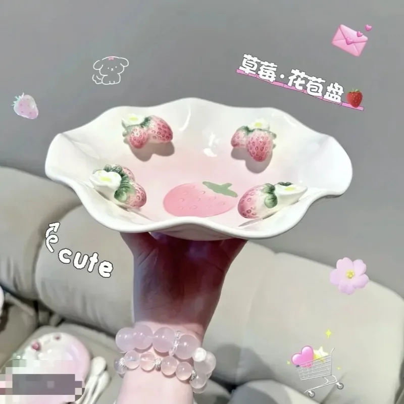 high-value hand-painted relief, strawberry water ripple, ceramic household dinner plate, disc square plate strawberry cup