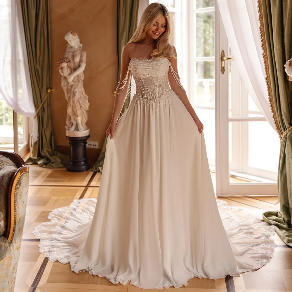 Temperament A-Line Chiffon Wedding Dress Customized Beading and Appliques Bridal Gown Modern Strapless Sleeveless Robe de mariée image 2