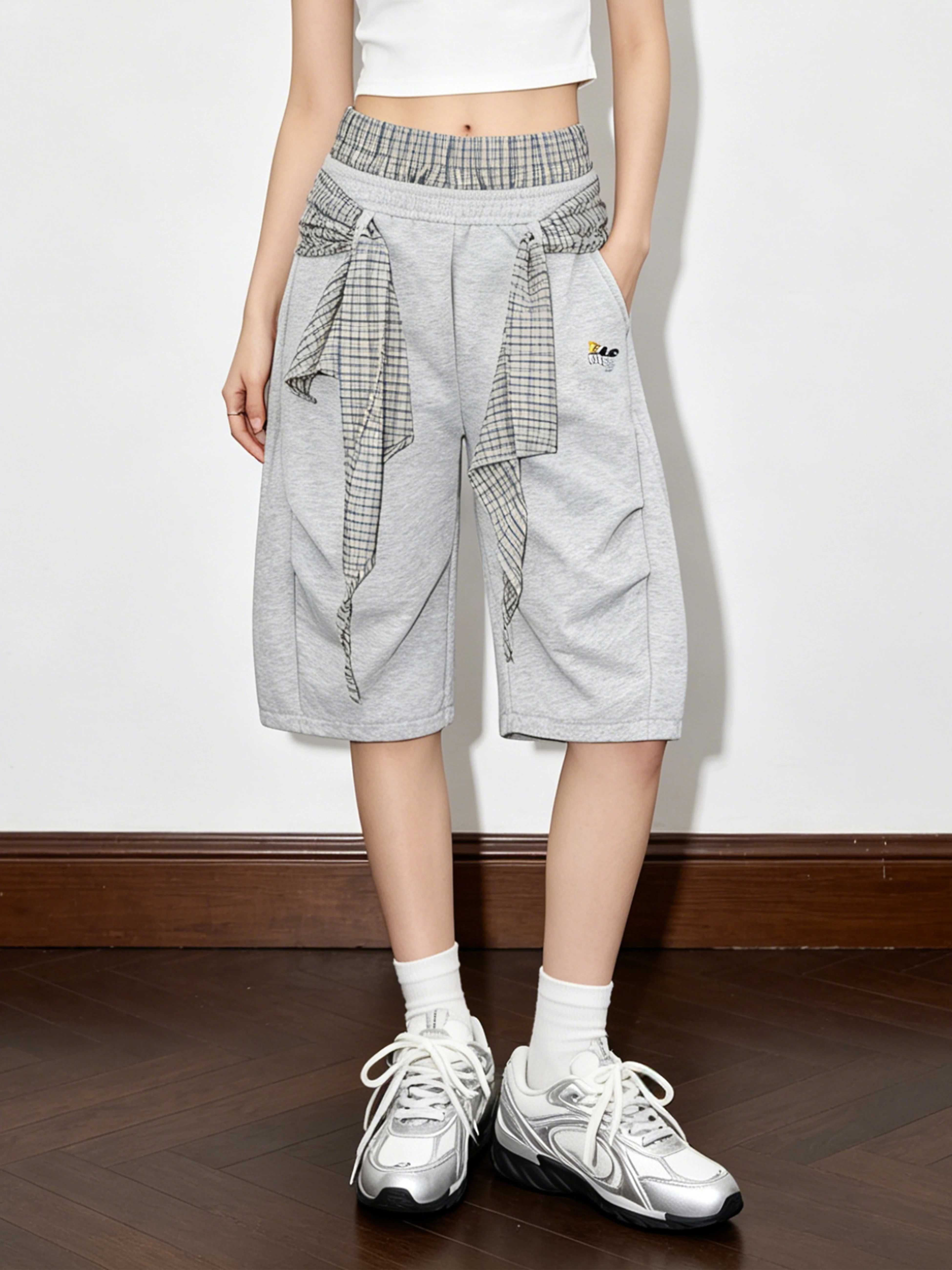 Retro American Plaid Mid-Calf Pants Women's Fake Two-Piece Loose Neutral Casual Five-Quarter Length Straight Leg Trousers