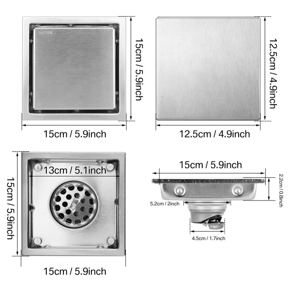 15 x15cm inserto per piastrelle scarico a pavimento quadrato scarico per bagno griglie per doccia scarico per doccia 304 in acciaio inox grande