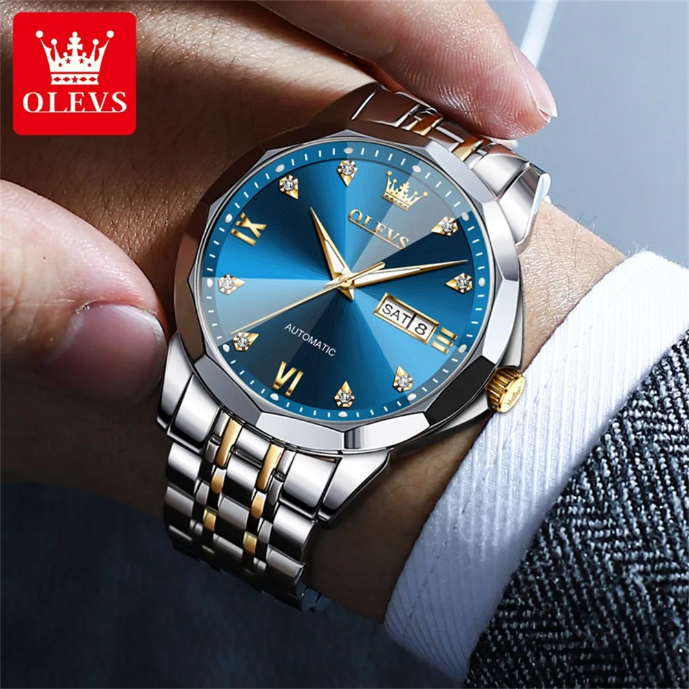 OLEVS 9982 Men\'s Watches Rhombus Mirror Original Automatic Mechanical Watch for Man Waterproof Stainless Steel Wristwatch Male