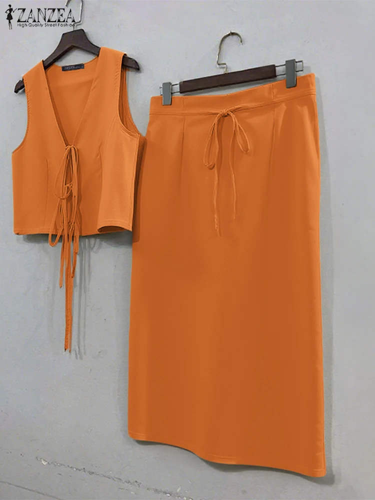 ZANZEA Set Gaun Fashion Wanita 2025 Tanpa Lengan Kasual V-Neck Tank Berenda Rok Panjang Dua Potong Pakaian Paduan Solid