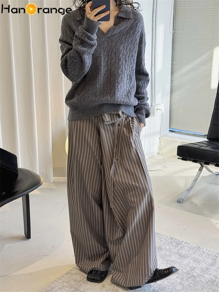 HanOrange 2025 Early Spring Lazy Twisted Flower Knitted 100% Wool Sweater Women Loose Comfortable Top Grey/Sea Blue