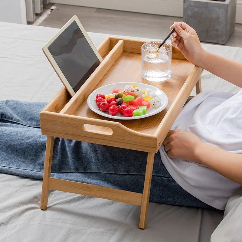 Bamboo Laptop Stand, Multifunctional Breakfast Table, Card Slot Design, Sofa Tray, Folding Portable Table for Bed and Home Use