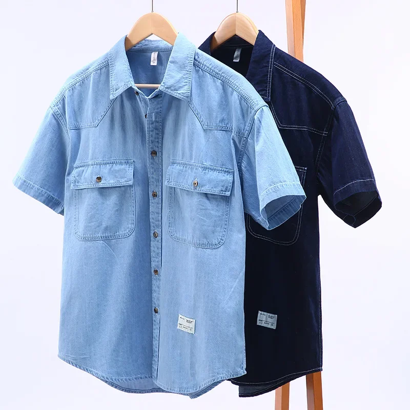 

Summer Denim Shirt Men Short Sleeve Casual Workwear Square Cowboy Tops Double Pockets Loose Jean Shirts Korean Popular Clothes