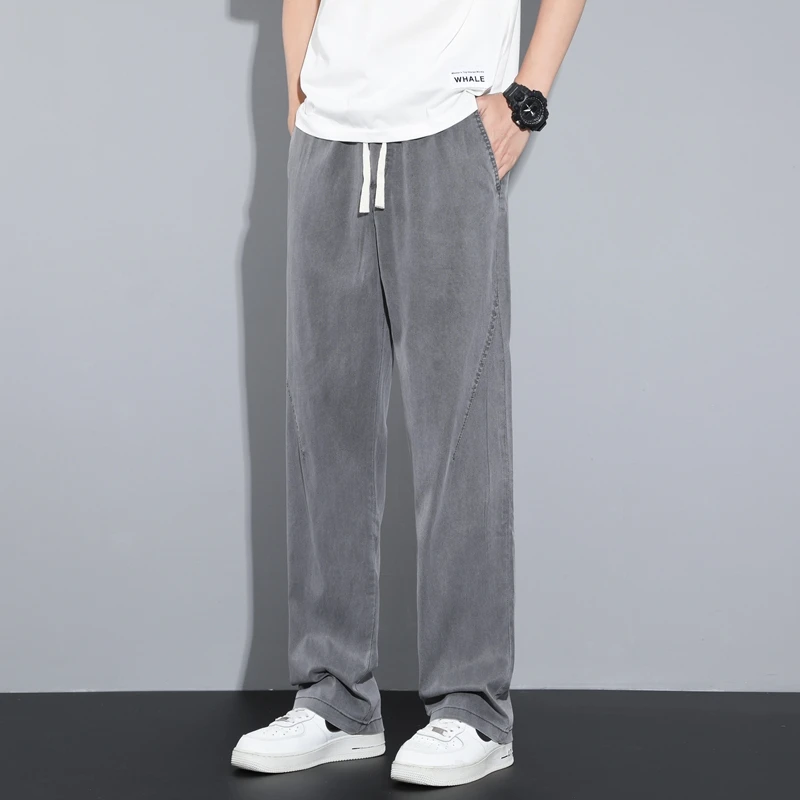Summer Soft Lyocell Ice Silk baggy Men's Jeans Thin Loose Straight Pants Drawstring Elastic Waist Korea Casual Solid black Male