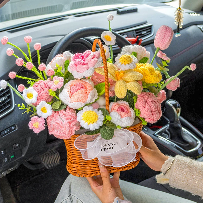 

Hand-knitted woven wool bouquet simulation tulip rose flower basket