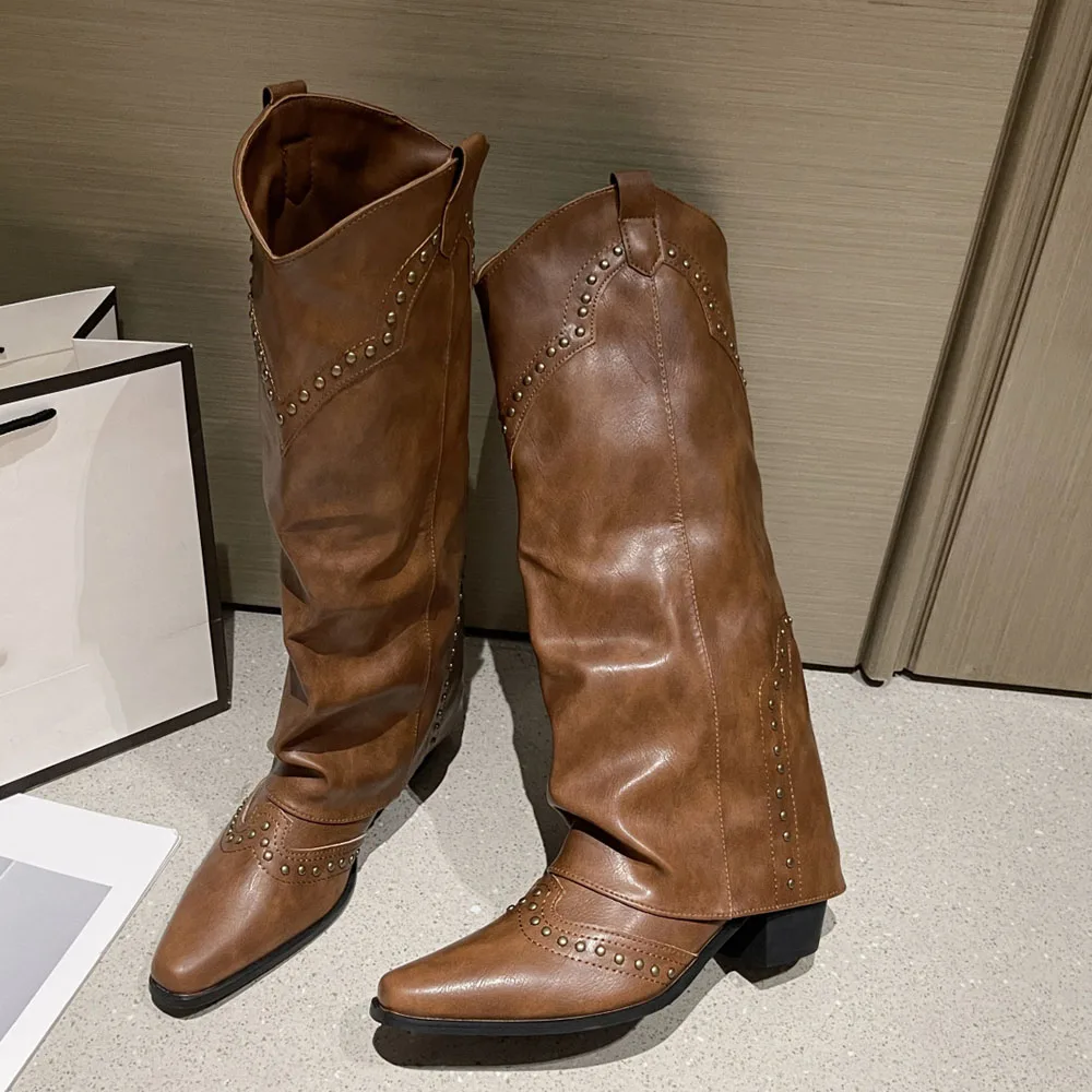 

2026 Wasteland Style Vintage Trouser Legs Western Boot Black Knee High Boots Women Brown Maillard Rivets Punk Winter Shoes