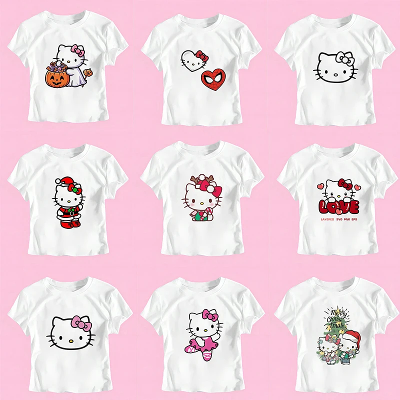 Hello Kitty Print Short Sleeve T-Shirt 2000s Aesthetic Summer Slim Baby Tee Streetwear Harajuku Cute Women Crop Top Y2K Clothes