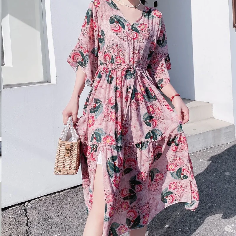 French Style Sashes Floral Printing Half Sleeve V-neck Loose Casual Elegant Dress Women Thin Style Temperament ChiffonSkirts