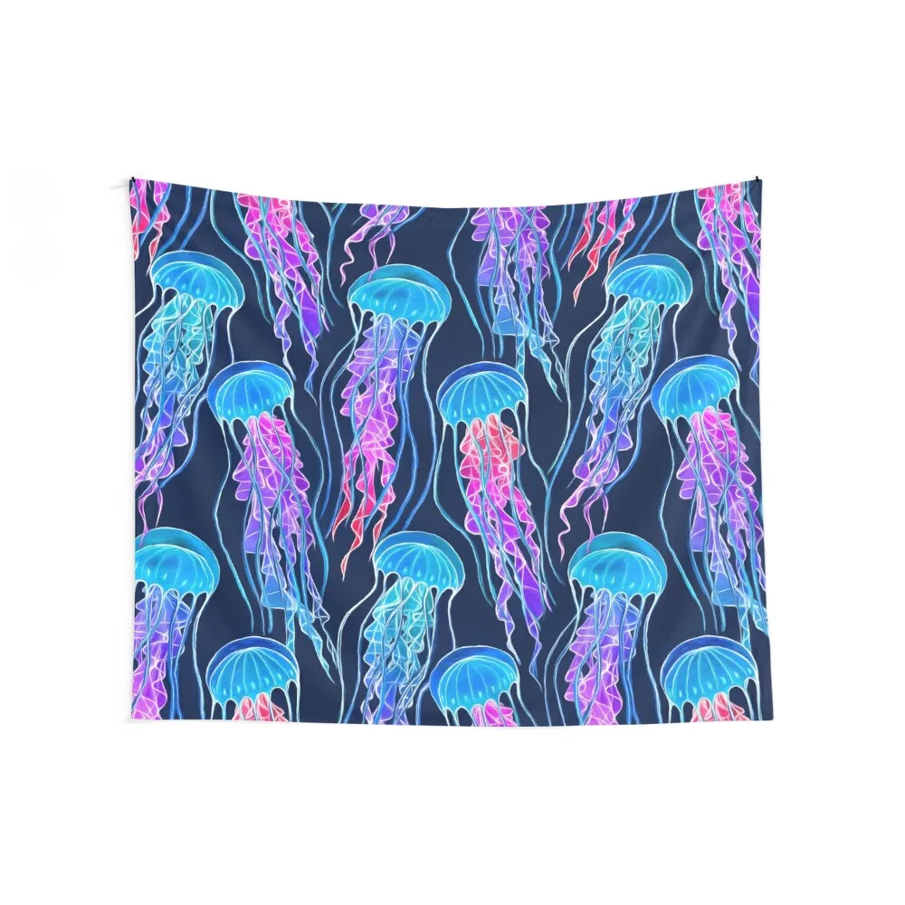 Luminescent Rainbow Jellyfish on Navy Blue Tapestry Aesthetic Decoration Wall Hangings Decoration Tapestry