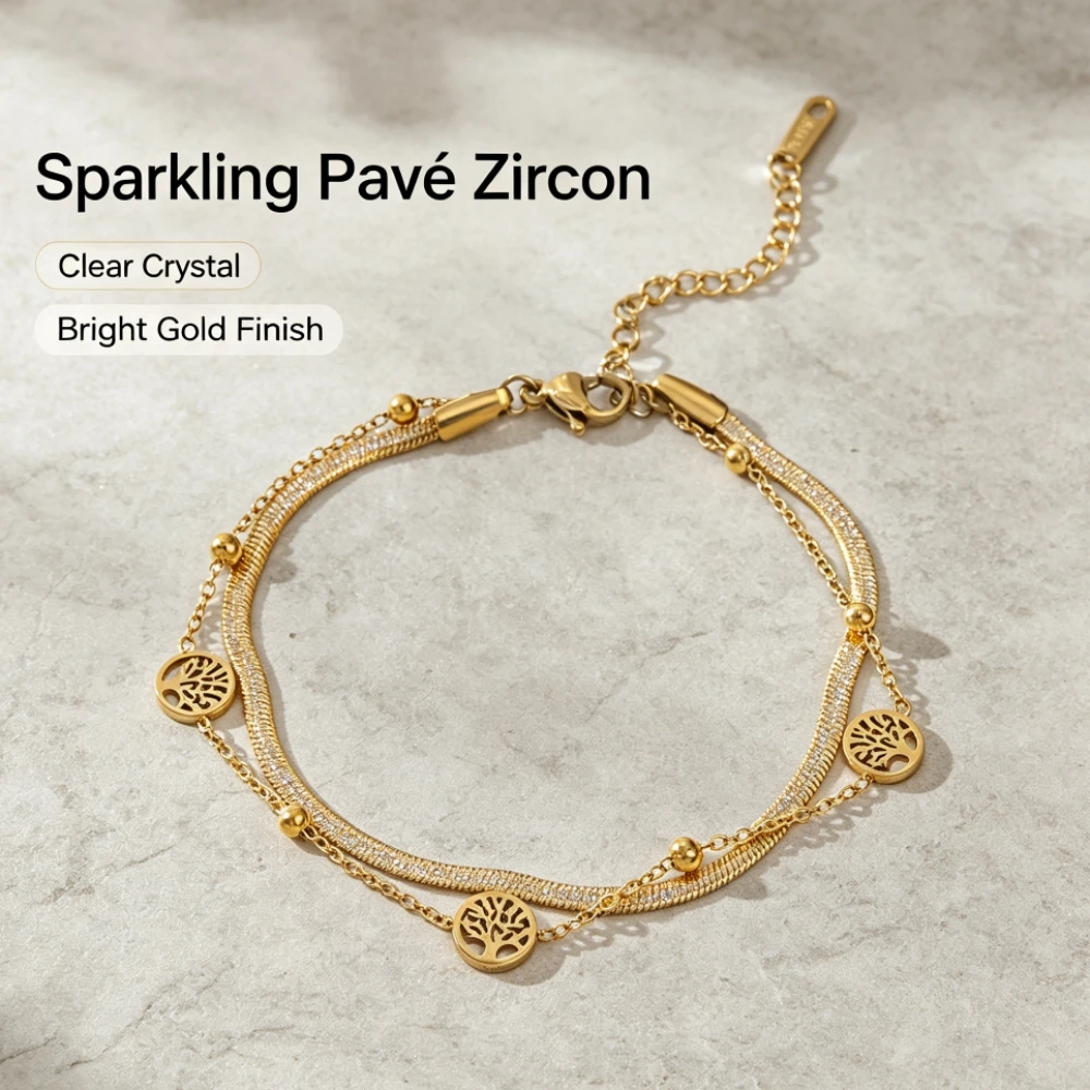 1 Piece Women Titanium Steel Double Layer Tree of Life Bracelet, Retro Snake Bone Chain, Non Fading Hand Jewelry for Daily