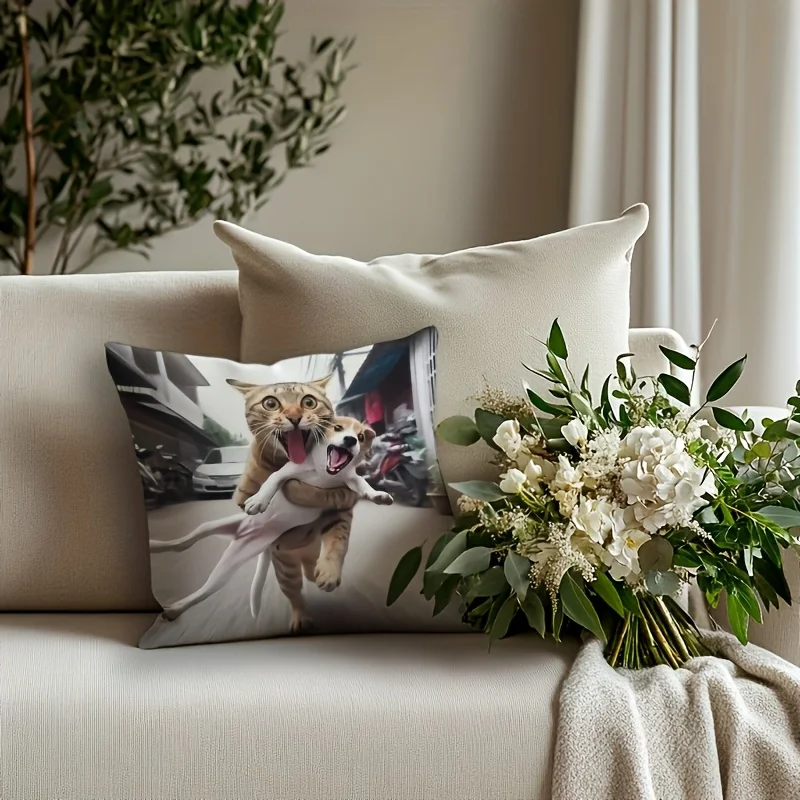 1PC Capa de Almofada Decorativa Fofa de Gato e Cachorro, Pelúcia Curta, Fechamento com Zíper, Lavável à Máquina, para Carro, Quarto e Sofá