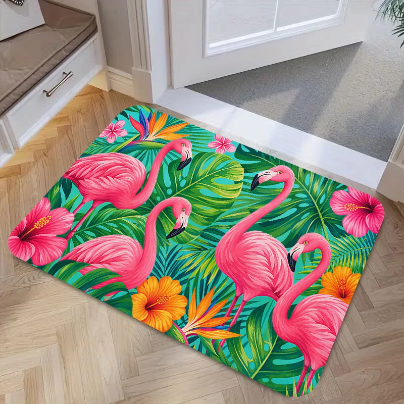 Vibrant Flamingo Tropical Floral Printed Doormat Entrance Mat Jungle Leaf Design Waterproof Porch Home Decor Rug Gift