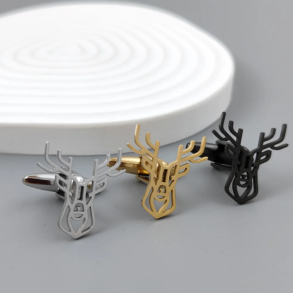 Sika deer head hollow cufflinks, gold-plated silver black cuff accessories, shirt button accessories, men\'s suit wear