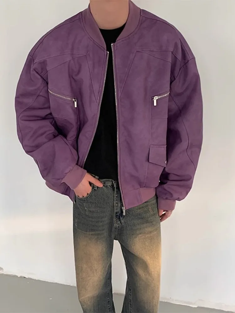 

Ретро-куртка из американской замши для мужчин, в стиле бейсбольной формы, фиолетовая, осенняя, рабочая, деконструированная, мотоциклетная, свободного кроя, молодежная