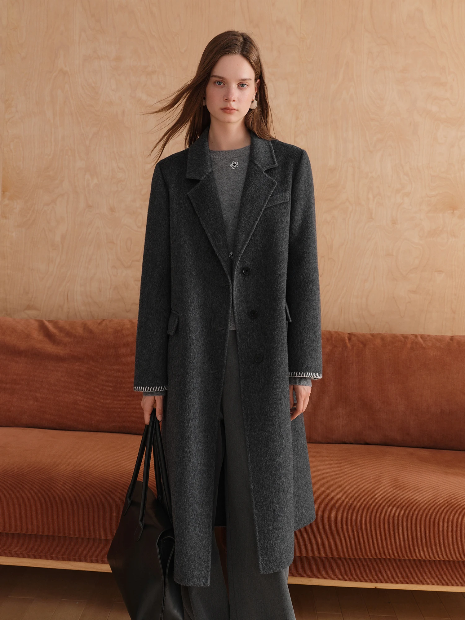 FSLE Winter 2025 Women's Tailored Shoulder Blazer Coat - Double Faced Wool Trench Outerwear with Notch Lapel Office Elegant