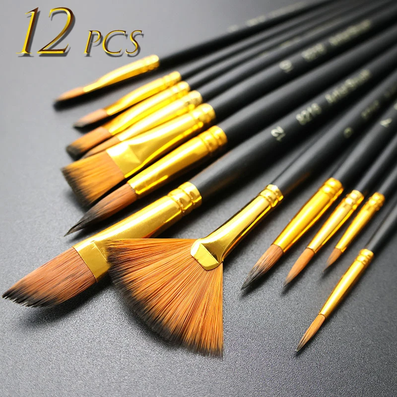 12pcs Nylon Bristle Flat Brushes Set for Watercolor Oil And 