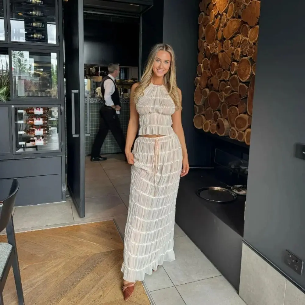 

1 Set Backless Maxi Skirt Set Lace Sling Top Hang Neck Long Skirt Suit Halter Pleated Sleeveless Backless Skirts Set Vacation