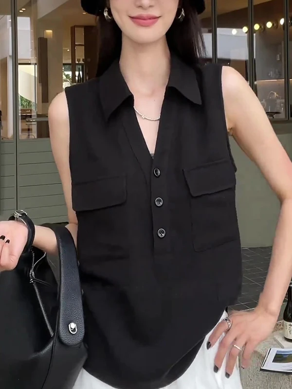 

Повседневная черная блузка Gtuq с дизайнерскими карманами, женский топ, летний тренд, свободный крой, корейский стиль, для повседневной носки