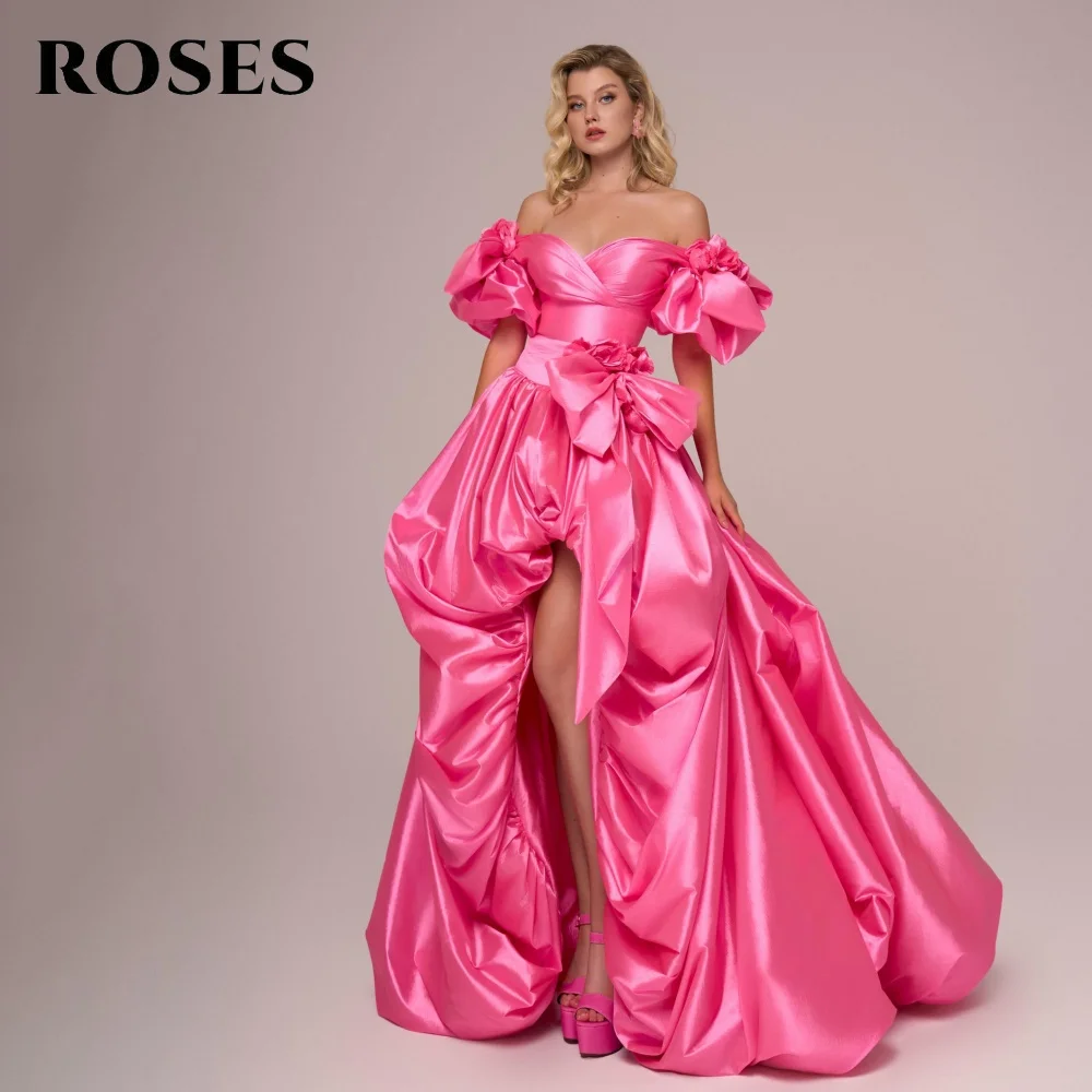 

ROSES Ярко-розовое платье для выпускного вечера с пятнами, атласное женское вечернее платье трапециевидной формы с открытыми плечами и складками, вечернее платье с разрезом по индивидуальному заказу