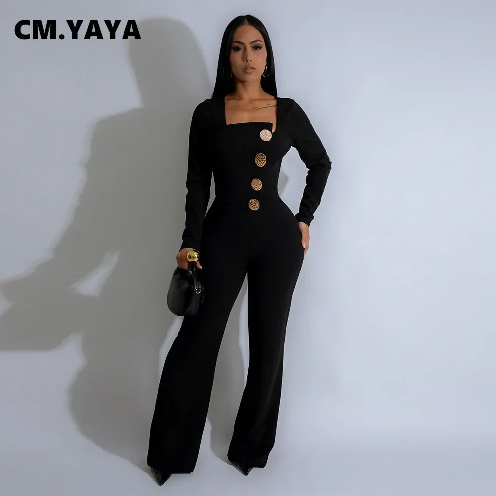 CM.YAYA Elegant Button Long Sleeve Irregular Girl Jumpsuits 2025 Spring Women's Overalls Outfits Night Club Streetwear One Piece