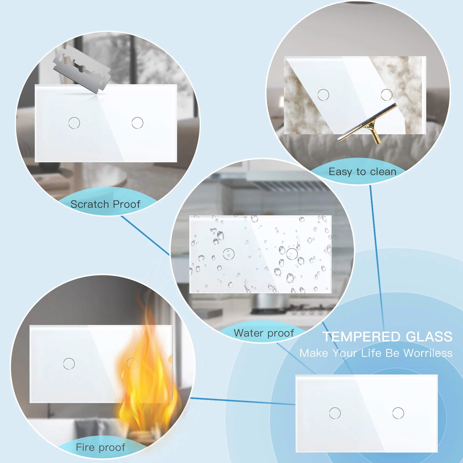 BSEED Base Of Wall Switches EU Standard Phone USB Sockets 1/2/3Gang 2way Module Light Switches White Glass Panel Stair Switches