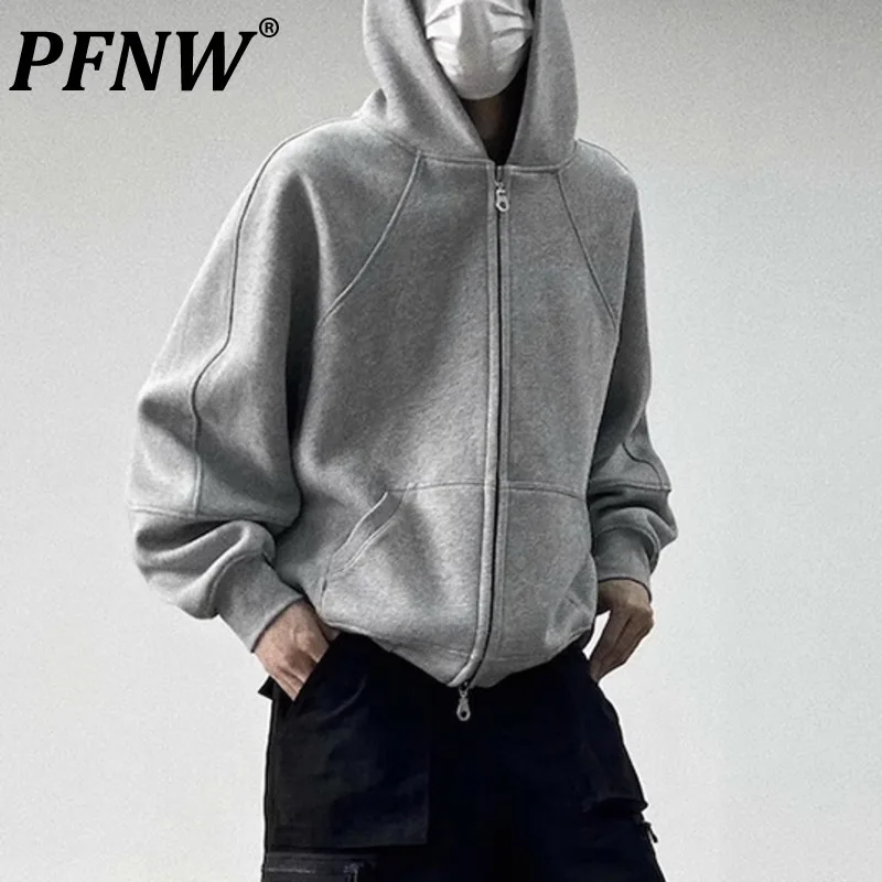 PFNW High Street Oversized Grey Hoodies For Men Niche Design Double-ended Zippers Cardigan Sweatshirts Outerwear Trend 28W5629