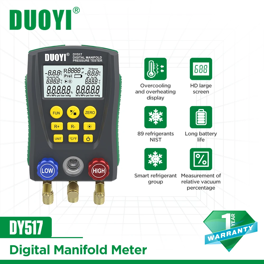 DUOYI DY517 Pressure Gauge Refrigeration Digital Vacuum Pressure Manifold Tester Air Conditioning Temperature Tester Valves Tool