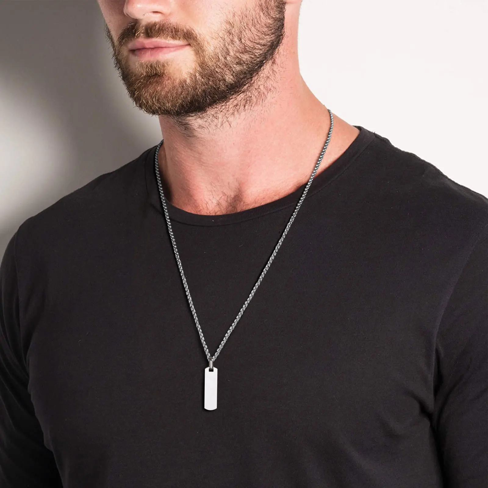 Vnox Free Customized Bar Necklaces for Men Women, Stainless Steel Vertical Bar Pendant with Box Chain,Personalize Geometric Gift