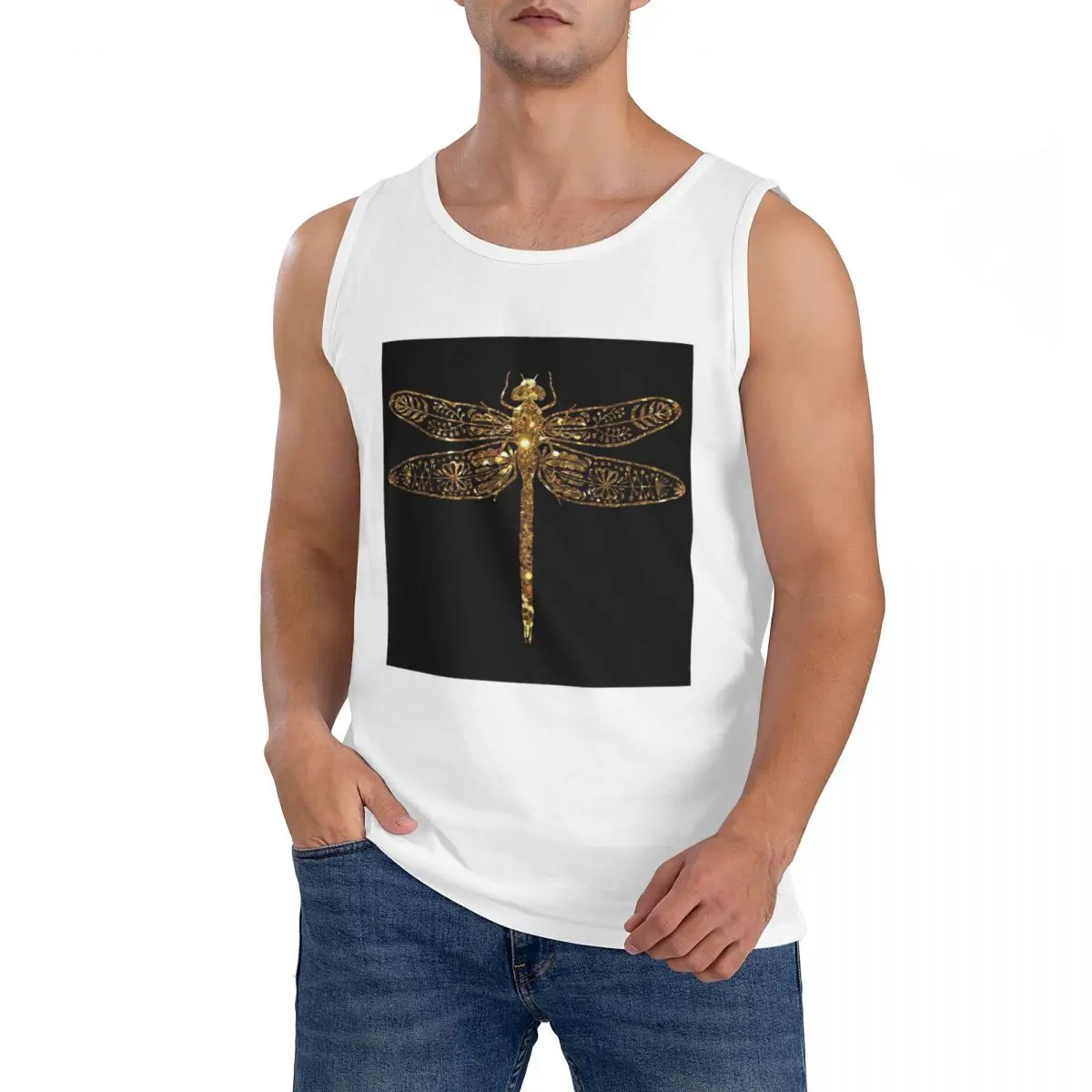 100% Cotton Fancy Gold Glitter Dragonfly Sleeveless T-Shirt Men Workout Sports Clothing Tops Men's Crew Neck Vest