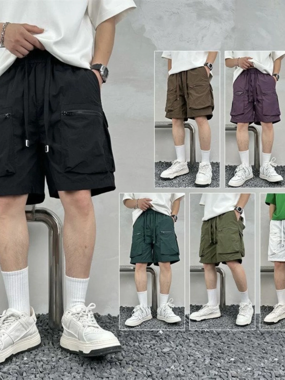 Ice Silk Quick Dry Men's Workwear Shorts Summer Thin Loose Five-Quarter Length with Large Pockets Youth Active Style Straight...