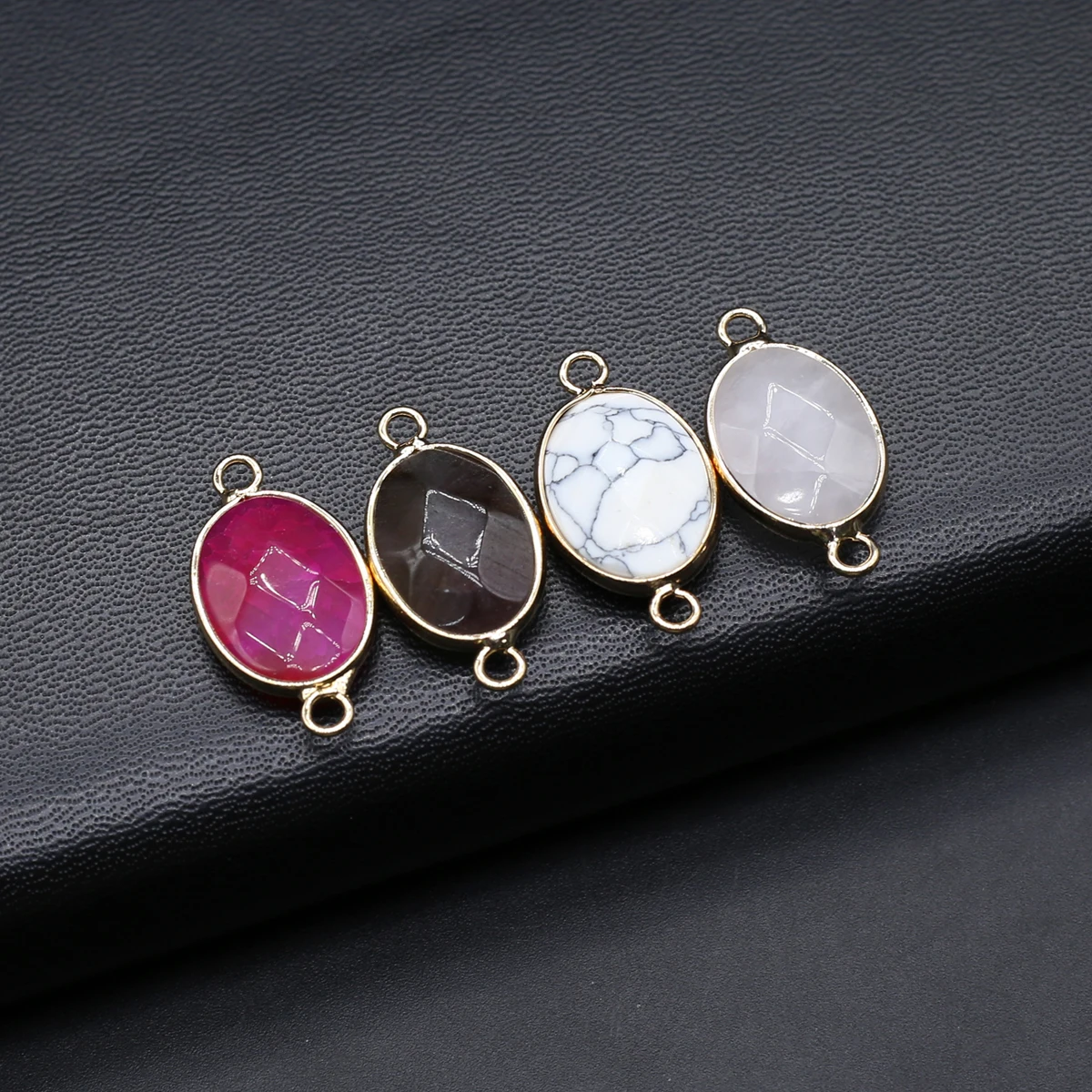 Natural Semiprecious Stone Random Color Oval Gold Edge Connector Pendant 14x26mm Jewelry Making DIY Necklace Earrings Accessorie