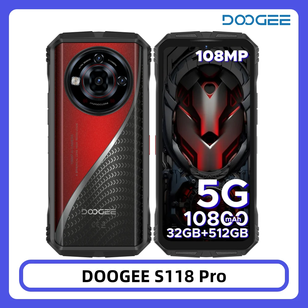 DOOGEE S118 Pro 5G Rugged Phone 32GB RAM + 512GB ROM Dimensity 7050 6.6'' FHD 120Hz 10800mAh Battery 108MP Camera NFC Smartphone