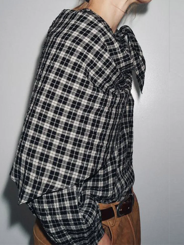 

Женская клетчатая рубашка на шнуровке с бантом в стиле ретро, повседневная свободная блузка с круглым вырезом и длинными рукавами, женская осенняя верхняя одежда 202, новинка