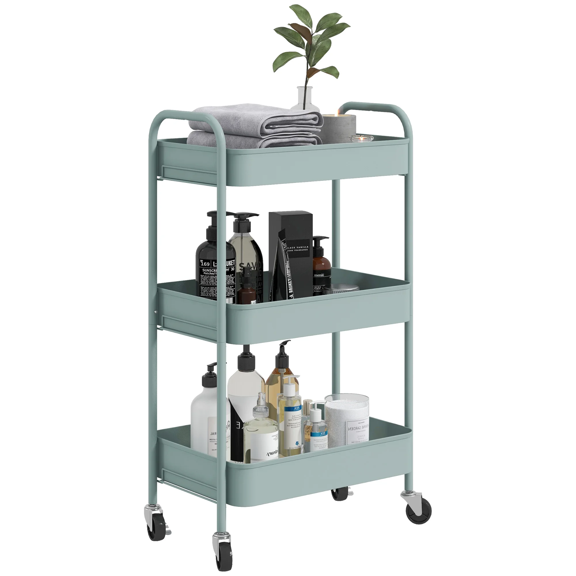 HOMCOM Carrito Auxiliar con Ruedas de 3 Niveles, Carrito de Cocina con 3 Cestas y 2 Asas, para Baño, Dormitorio, Oficina, 45x30,6x79 cm
