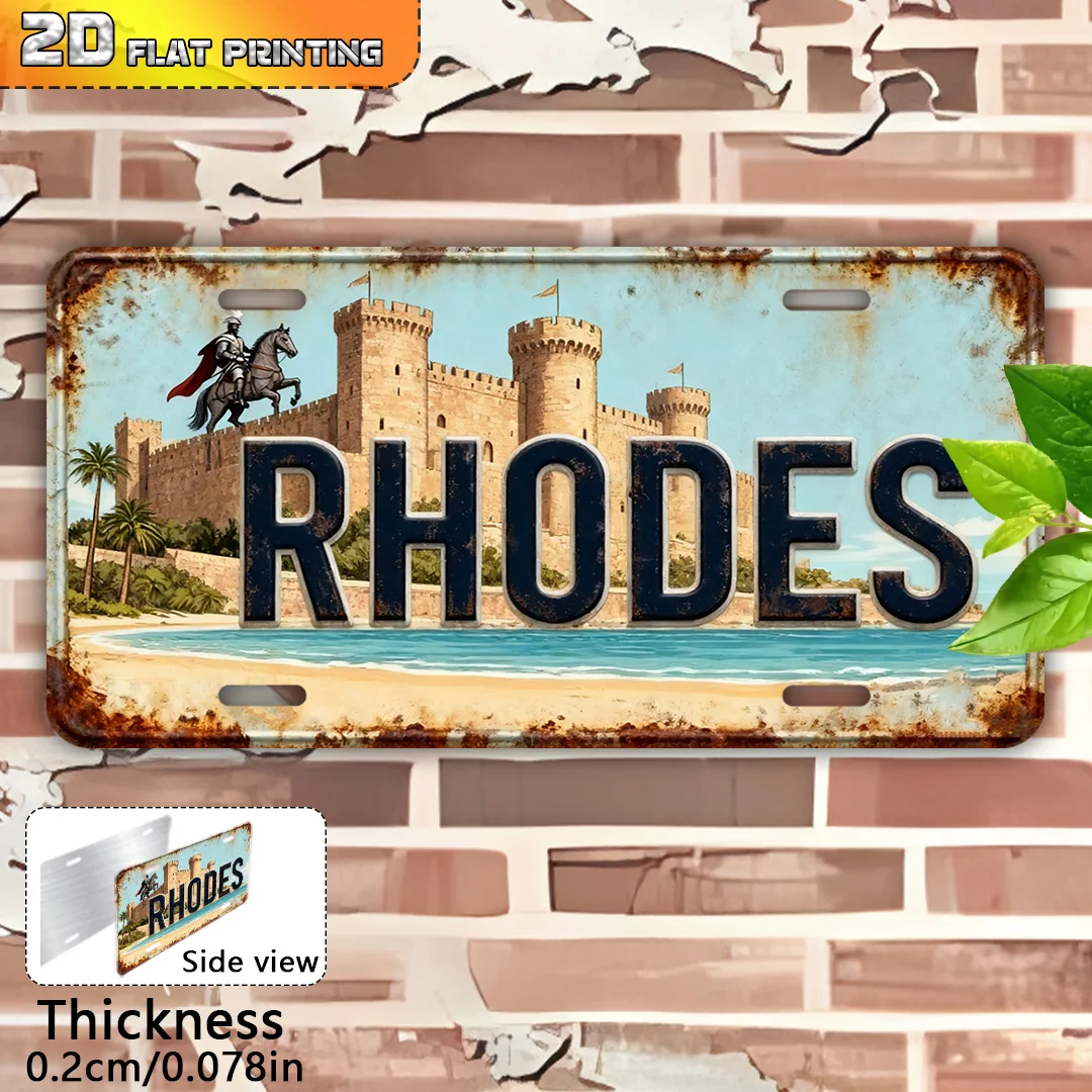 2D Flat, Large Vintage Rhodes Greece Aluminum Wall Art Sign - Greek Island Map with Castle of Rhodes & Colossus Suitable